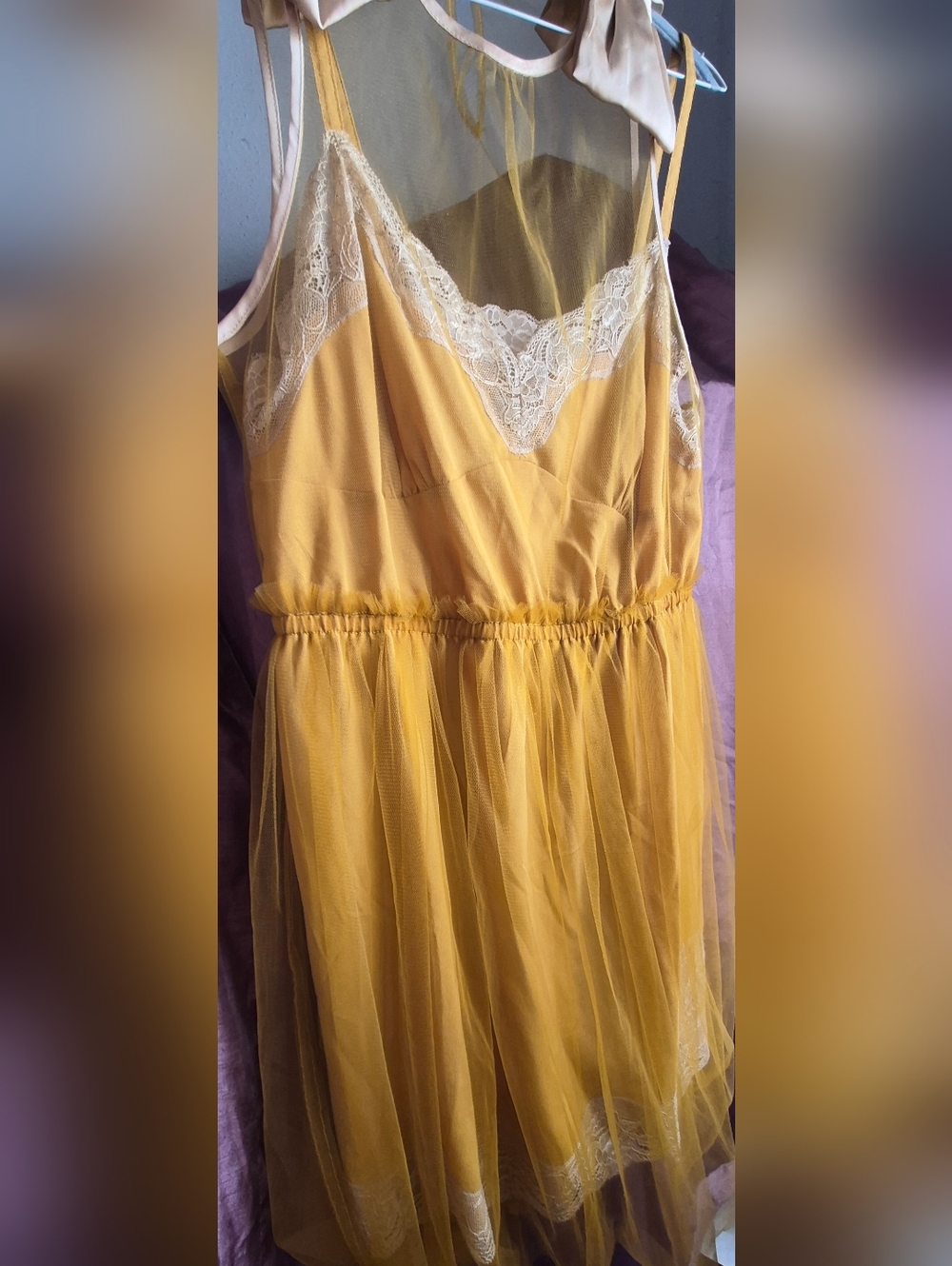Rodarte for Target Mustard Yellow Tulle Slip Dress Lace Detail Bows SIZE XL